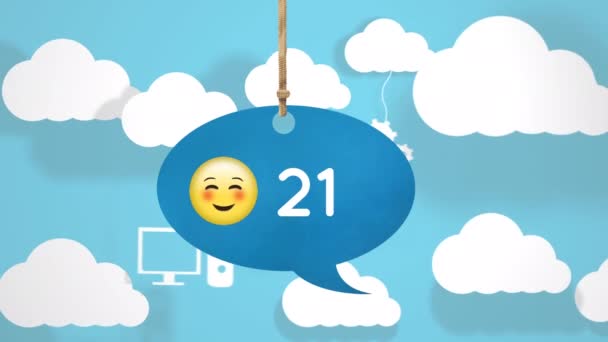 Animación Una Burbuja Chat Azul Que Cuelga Hilo Con Emoticono — Vídeos de Stock