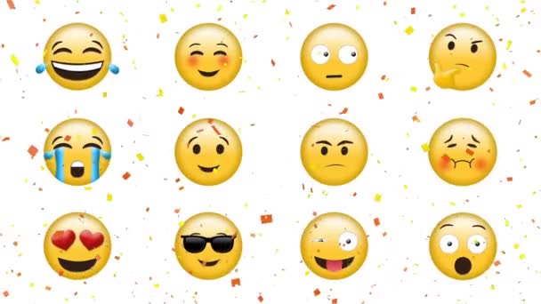 Ψηφιακή Κίνηση Των Emojis Διαφορετικά Συναισθήματα Λευκό Φόντο Ψηφιακό Κομφετί — Αρχείο Βίντεο
