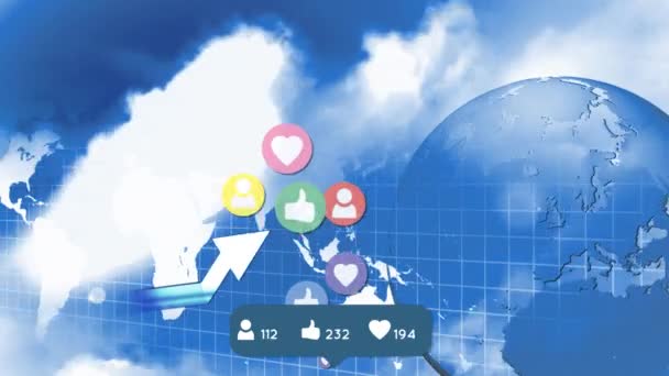 Digital Animation Social Media Icons Numbers Arrow Map Globe Sky — Stock Video