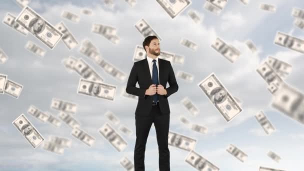 Close Businessman Suit Digital Animation Floating Money Sky Background — Stock Video