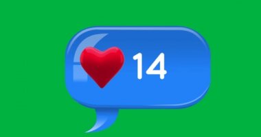 Yeşil arka plan 4k üzerinde artan bir kalp simgesi ve sayıları ile mavi bir sohbet kutusu animasyon