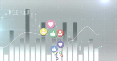 Hareketli gri grafik arka planındaki kalp ve takipçi simgelerinin dijital animasyonu. Sosyal medya simgeleri yukarı doğru 4k hareket ediyor