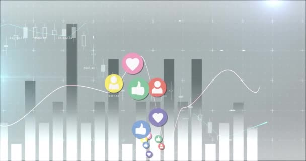 Digital Animation Heart Follower Icons Moving Grey Chart Background Social — Stock Video