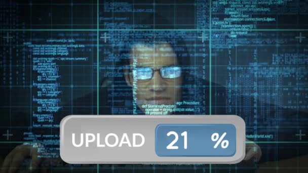 Крупный План Хакера Работающего Компьютере Цифровой Анимацией Панели Загрузки Кодов — стоковое видео