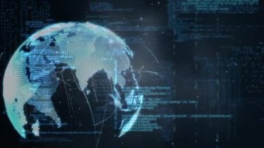 Arka planda çalışan kodlar ve arayüz ile dönen bir kürenin dijital animasyonu
