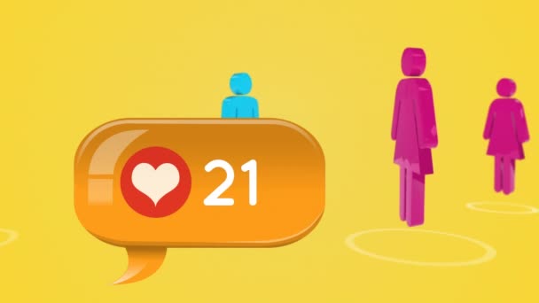 Animación Números Corazones Contando Iconos Humanos Apareciendo Sobre Fondo Amarillo — Vídeo de stock