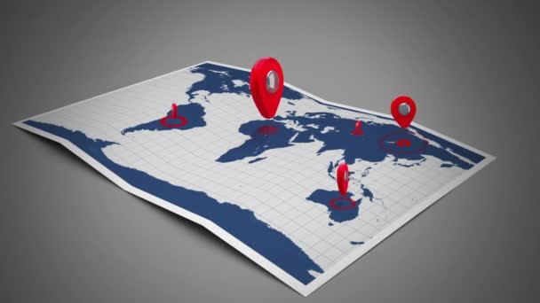 Цифровая Анимация Карты Индикаторами Местоположения Группа Летающих Над Картой Дронов — стоковое видео