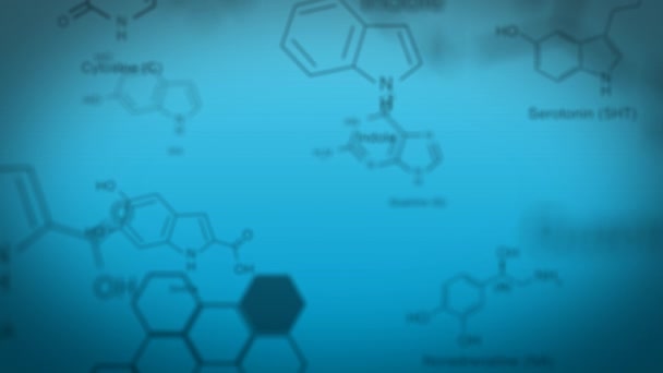 Animação Digital Equações Químicas Movendo Torno Fundo Azul — Vídeo de Stock