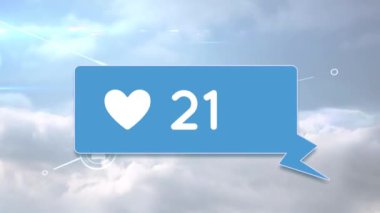 Artan sayı sayısı ile mavi bir mesaj balonu içinde bir kalp simgesianimasyon. Arka plan, satırlarla birbirine bağlı takipçi simgeleriyle doludur