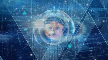 Arka planda çalışan arayüz kodları ve denklemleri ile dönen bir kürenin dijital olarak oluşturulmuş animasyonu