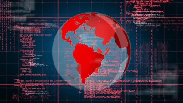 Animación Digital Globo Rojo Giratorio Con Códigos Interfaz Etiquetas Que — Vídeo de stock