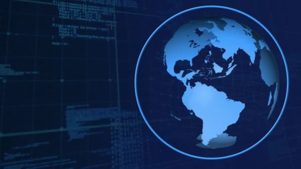Animation numérique d'un globe bleu rotatif avec étiquettes et codes d'interface en arrière-plan 