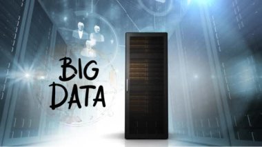 Bulut depolama ağının bir çizimyanında bir sunucu kulesinin dijital animasyonu. Arka plan sunucu kuleleri ile doldurulur