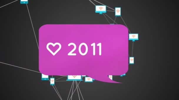 Анимирование Значка Сердце Внутри Розового Пузыря Сообщений Увеличением Количества Сообщений — стоковое видео