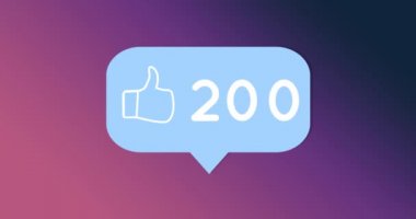 Benzer bir simgeye sahip mavi bir sohbet kutusunun animasyonu ve mor degrade arka plan 4k üzerinde beğeni sayısının artması