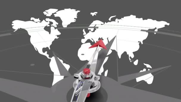 Animação Gerada Digitalmente Uma Bússola Apontando Para Mapa Mundo Segundo — Vídeo de Stock