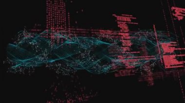 Arayüz kodlarının arka planına sahip parlayan dize ve noktaların dijital bileşimi