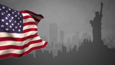 Arka plan olarak özgürlük heykelinin silueti ile rüzgarda sallanan bir Amerikan bayrağının dijital animasyonu