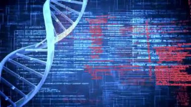 Dijital kodlar ve kare desenleri ile bir arka plan karşı DNA çift sarlak dijital olarak oluşturulan animasyon