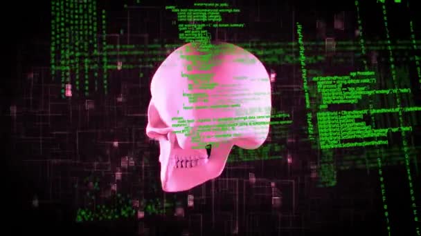 デジタルインターフェイスとコードで暗い背景に対して回転するピンクの頭蓋骨のデジタル生成アニメーション — ストック動画