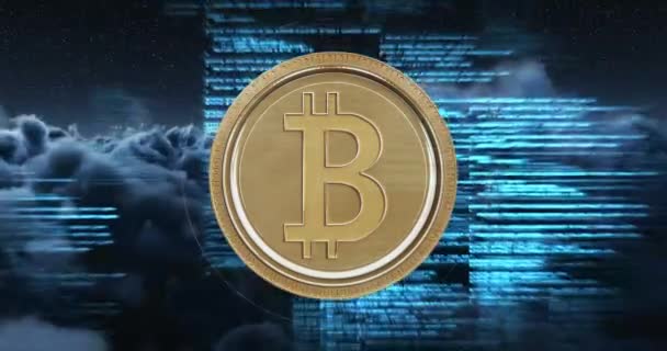 Vista Frontal Bitcoin Pulsante Con Códigos Computadora Nubes Que Mueven — Vídeo de stock