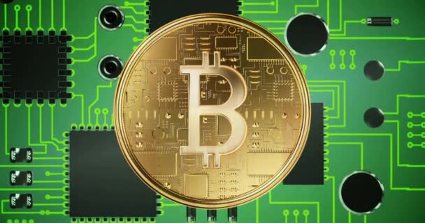 Widok Przodu Złota Bitcoin Środku Powiększonym Widokiem Bitcoin Miner Płyty — Wideo stockowe