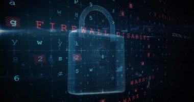 Siber suç tehditleri olan siber güvenlik kilidi bir 3d grafik görünümü bir bilgisayar ekranı oluşturur. 4k