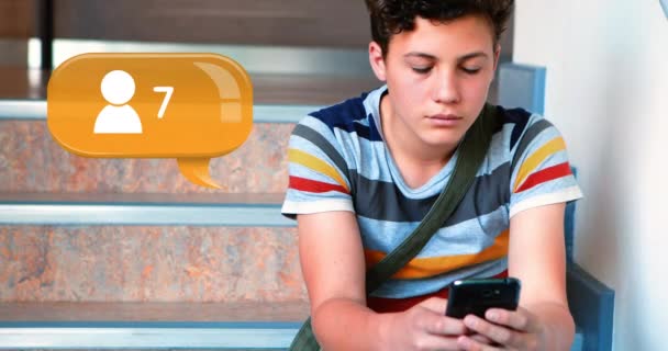 Close Caucasian Boy Sitting Stairs Smiling While Typing His Phone — Stock Video