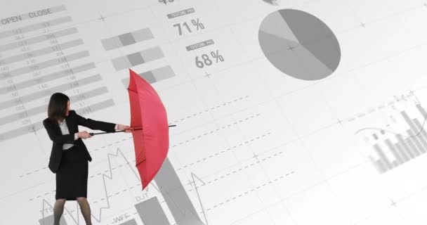 Digital Animation Businesswoman Holding Red Umbrella Storm Graphs Statistics — Stock Video