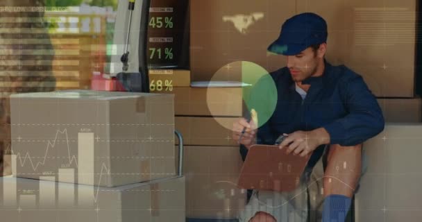 Front View Deliveryman Seated Back Van Counting Packages Digital Animation — Stock Video