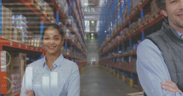 Close Three Warehouse Managers Smiling Camera Arms Crossed Two Them — Stock Video