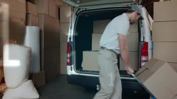 Bakifrån Kaukasisk Deliveryman Lastning Paket Baksidan Skåpbil Digital Animation Binära — Stockvideo