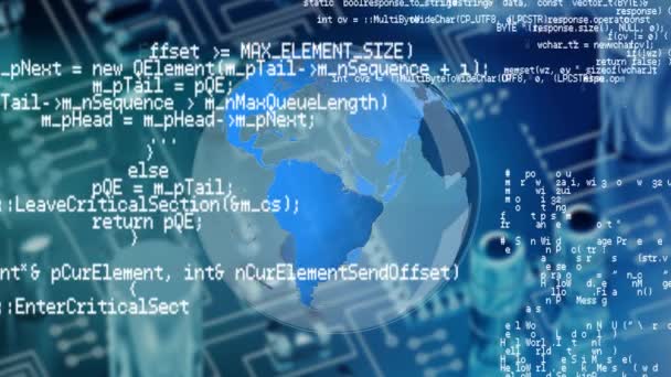 Animation numérique d'un globe tournant. Derrière, il y a une carte de circuits imprimés qui sert de fond. Les codes de programme sont en cours d'exécution au premier plan 
