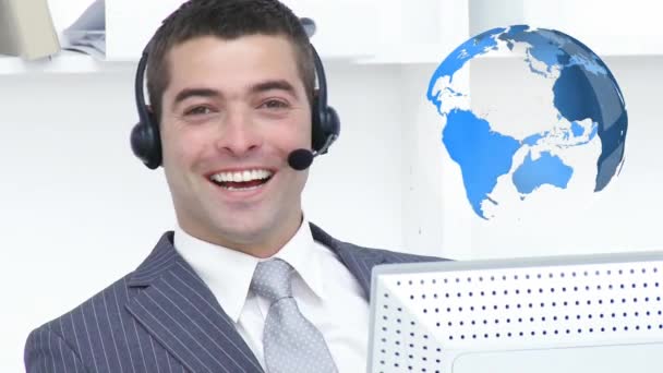 Close Caucasian Businessman Talking His Headset Him Foreground Digital Animation — Stock Video