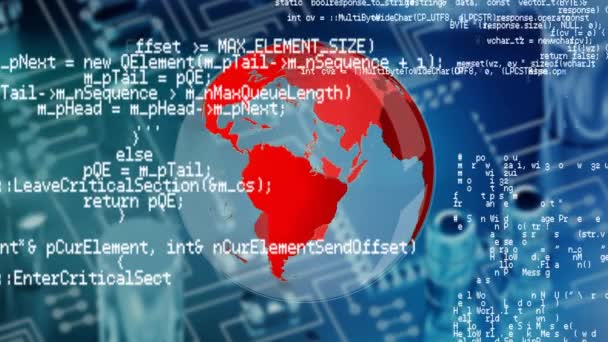 Animation numérique d'un globe rotatif sur fond de circuit imprimé. Les codes de programme sont en cours d'exécution au premier plan 