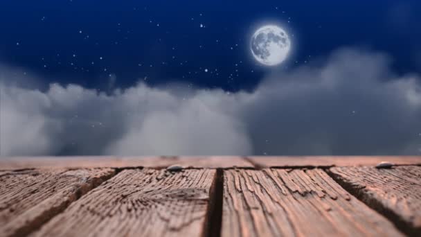 Digital Animation Wooden Raft Soaring Cloudy Night Sky Full Moon — Stock Video