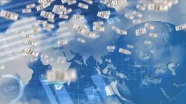 Dolar banknotlarının dijital animasyonyukarı doğru uçuyor. Grafikler ve küreler ile istatistikler arka planda hareket görülür