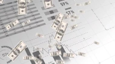Arka planda çalışan grafikler ve istatistikler ile düşen dolar banknotlarının dijital animasyonu