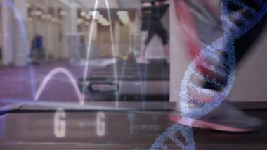 Spor salonunda koşu bandıüzerinde çalışan bacakları kapatın. Dna sarlisi ve kalp monitörünün dijital animasyonu ön planda görülebilir