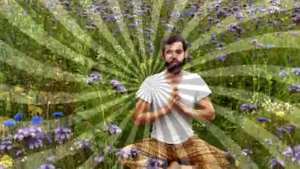 Primer Plano Hombre Caucásico Meditando Jardín Con Efecto Espiral — Vídeo de stock