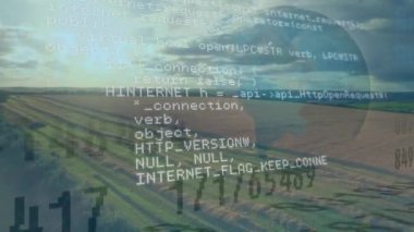 Sayılar ekran boyunca hareket ederken ve arka planda gökyüzü ve bulutların görünümüne sahip bir alan gösterirken görünen programlama kodlarının dijital animasyonu.