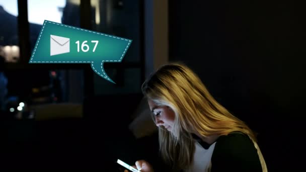 Close Caucasian Woman Texting Windows Dark Room Her Foreground Digital — Stock Video