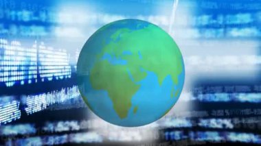 Dönen bir kürenin dijital animasyonu. Arayüz kodları arka planda hareket ederken görülebilir