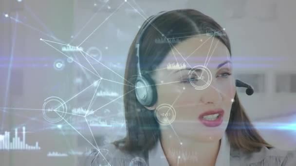 Digital Animation Kaukasiska Kvinnliga Callcenteragent Arbetar Framför Henne Rörliga Grafer — Stockvideo