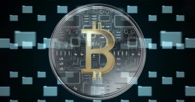 Dijital kilit ve rasgele hareketli dijital kodlar halinde oluşturan veri dosyaları ile bir bitcoin ön görünümü. 4k