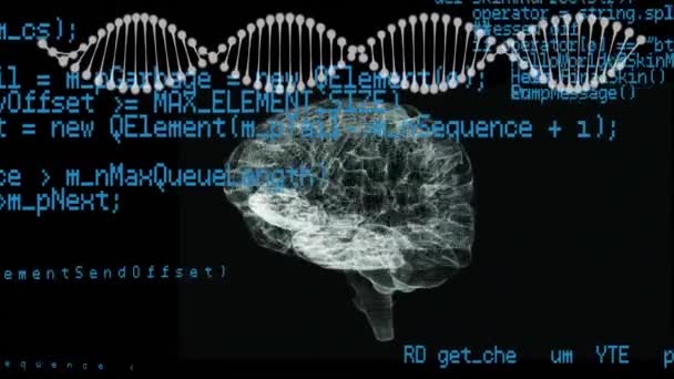 Animação Digital Cérebro Humano Rotativo Hélice Dna Fundo Preto Códigos — Vídeo de Stock