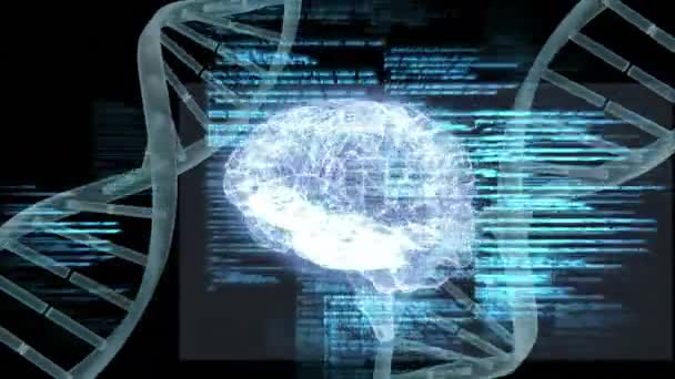 Digital Composite Human Brain Dna Helix Dark Background While Interface — Stock Video