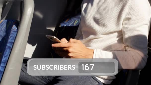 Digital Composite Hands Texting While Follow Icons Floating Numbers Subscribers — Stock Video