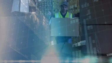 Beyaz bir teslimatçıyükleme paketi nin dijital bileşimi bir minibüsve grafikler ve istatistikler