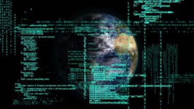 Arka planda çalışan bilgisayar kodları ile dönen bir kürenin dijital animasyonu